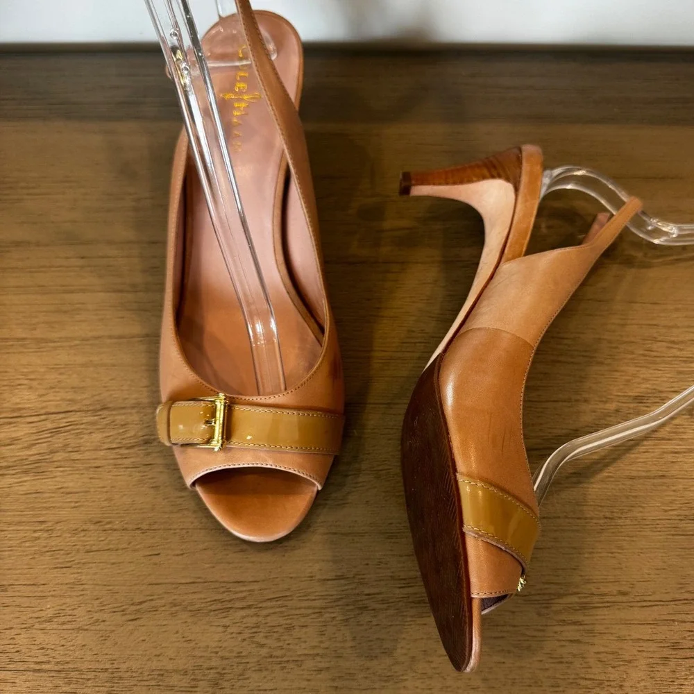 Cole Haan Women 10 B Beige Leather Slingback Peep Toe Kitten Heel Comfort Career